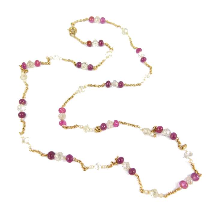 Diamond and ruby bead and pearl gold chain necklace,
